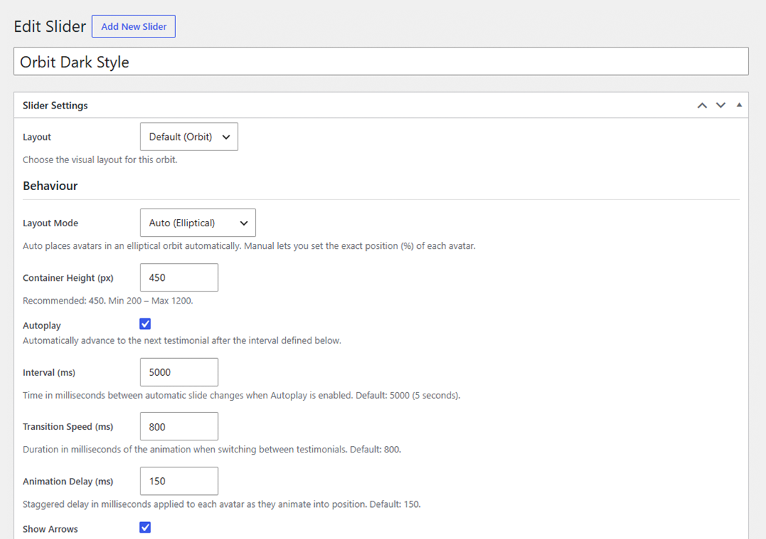 Slider editor with metaboxes