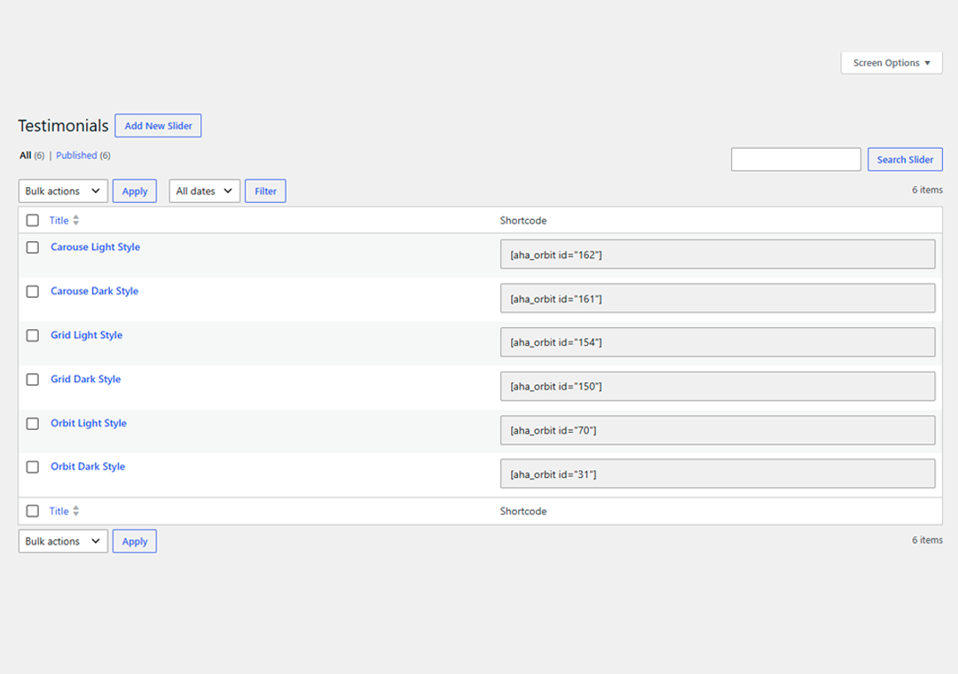 Aha Orbit Testimonials — Admin list view