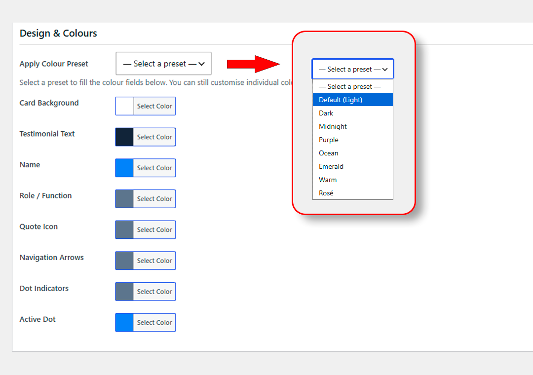 Colour presets and design settings panel